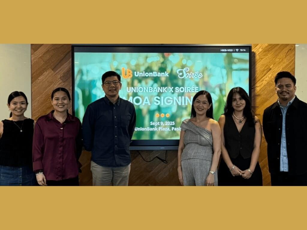 Trixie Cruz Shimamoto (MSME marketing segment manager, UnionBank), Marg Bellosillo Fideles (MSME marketing manager, UnionBank), Dino Velasco (institutional segment marketing head, UnionBank), Claudine Paulino (founder and managing director, Soiree), Rosanna Aranaz (founder and managing Director, Soiree) and Vince Dizon (MSME marketing manager, UnionBank) during the signing of the memorandum of agreement. | Contributed photo