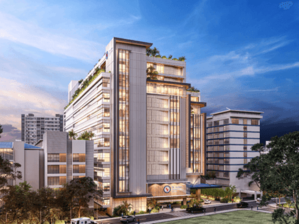 Artist's rendition of the new St. Luke's hospital building that will rise on its Quezon City site. The building is expected to be completed by 2027. TAP TO SEE FULL IMAGE. (Contributed photo)