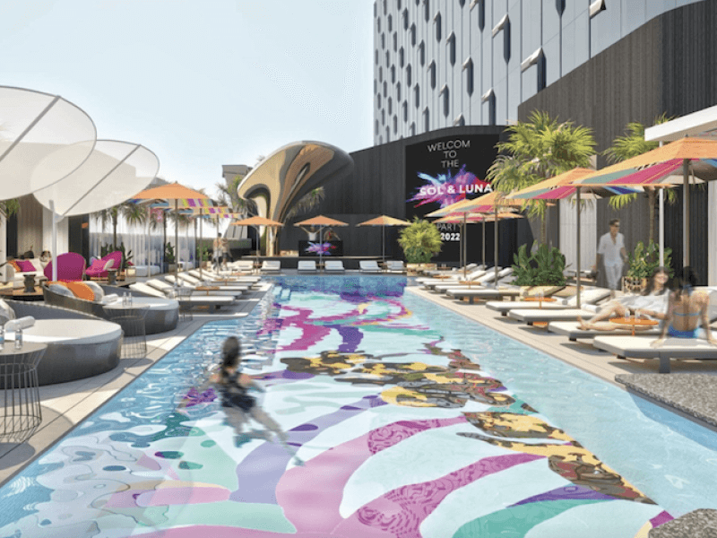 Artist’s rendering of the Westside City casino’s poolside facilities, part of the billion-dollar integrated resort rising in Manila’s Entertainment City./Screenshot taken from LET Group website