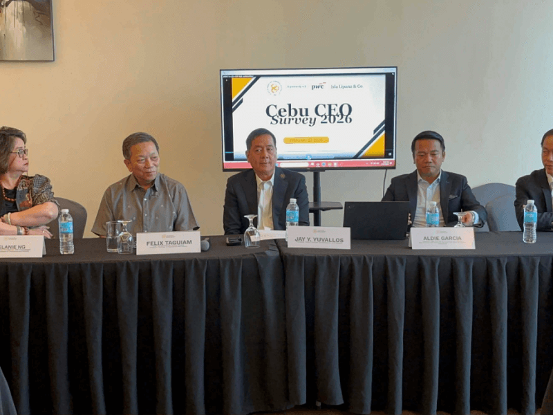 Leaders of the Cebu Chamber of Commerce and Industry (CCCI) present the results of the Cebu CEO Survey 2026 in a news conference in Mandaue City, Cebu last Feb. 27. In attendance were &nbsp;Melanie Ng, director and vice president for micro, small, and medium enterprises (MSME) of the Philippine Chamber of Commerce and Industry Visayas; Felix Taguiam, &nbsp;PCCI regional governor for Central Visayas; &nbsp;outgoing CCCI president Jay Yuvallos; &nbsp;Aldie Garcia, PwC Philippines vice chair and assurance managing partner; and Charles Kenneth Co, private sector representative at the Regional Development Council - Infrastructure Development Committee of Central Visayas and past president of CCCI. | Photo from CCCI&nbsp; (Click to view full image)