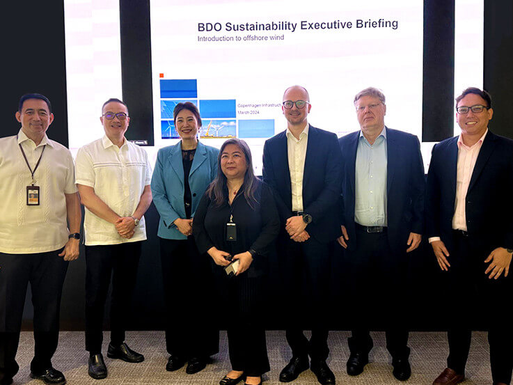Atty. Federico Tancongco (left), Senior Vice President and Chief Compliance Officer of BDO Unibank Inc. and Marla Garin-Alvarez (center), Vice President and Head of Sustainability Office of BDO Unibank Inc. organized BDO&rsquo;s Sustainability Executive Briefing on offshore wind. Joining them are (From L-R) Joseph Albert Gotuaco, Senior Executive Vice President and Head of Central Operations Group of BDO Unibank Inc.; Copenhagen Infrastructure Partners (CIP) speakers Marina Hsu, CISC Regional Managing Director for Taiwan, Vietnam and the Philippines; Jesper Krarup Holst, CIP Senior Vice President and Co-CEO for COP Philippines; Pierre Martignoli, CIP Head of Capital Markets and Francis Daba, CIP Business Development Director for the Philippines