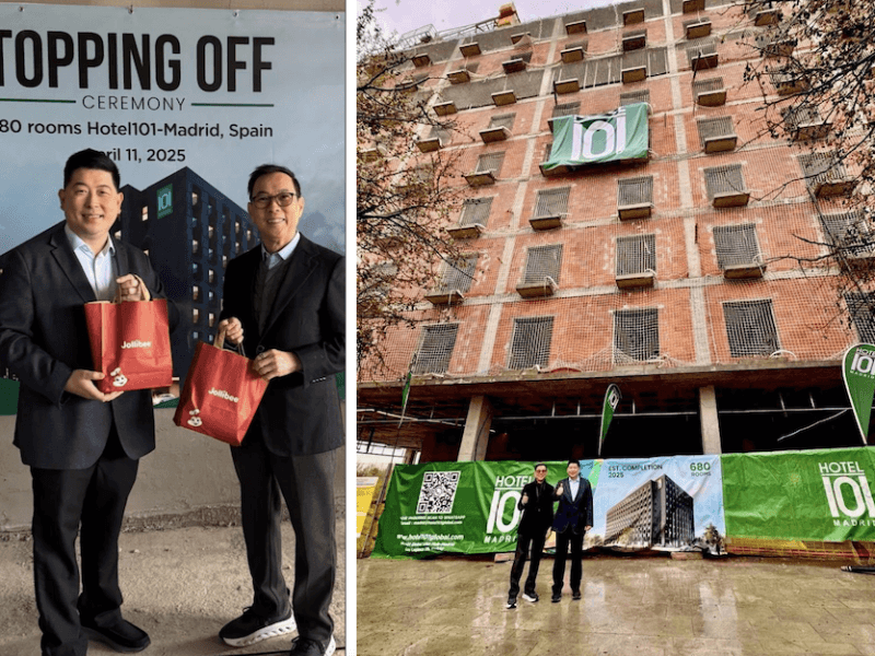 DoubleDragon founders Edgar "Injap" Sia II (also the founder of Mang Inasal) and Tony Tan Caktiong (founder of Jollibee Group) at the topping off ceremony of Hotel101-Madrid./Photo from DoubleDragon