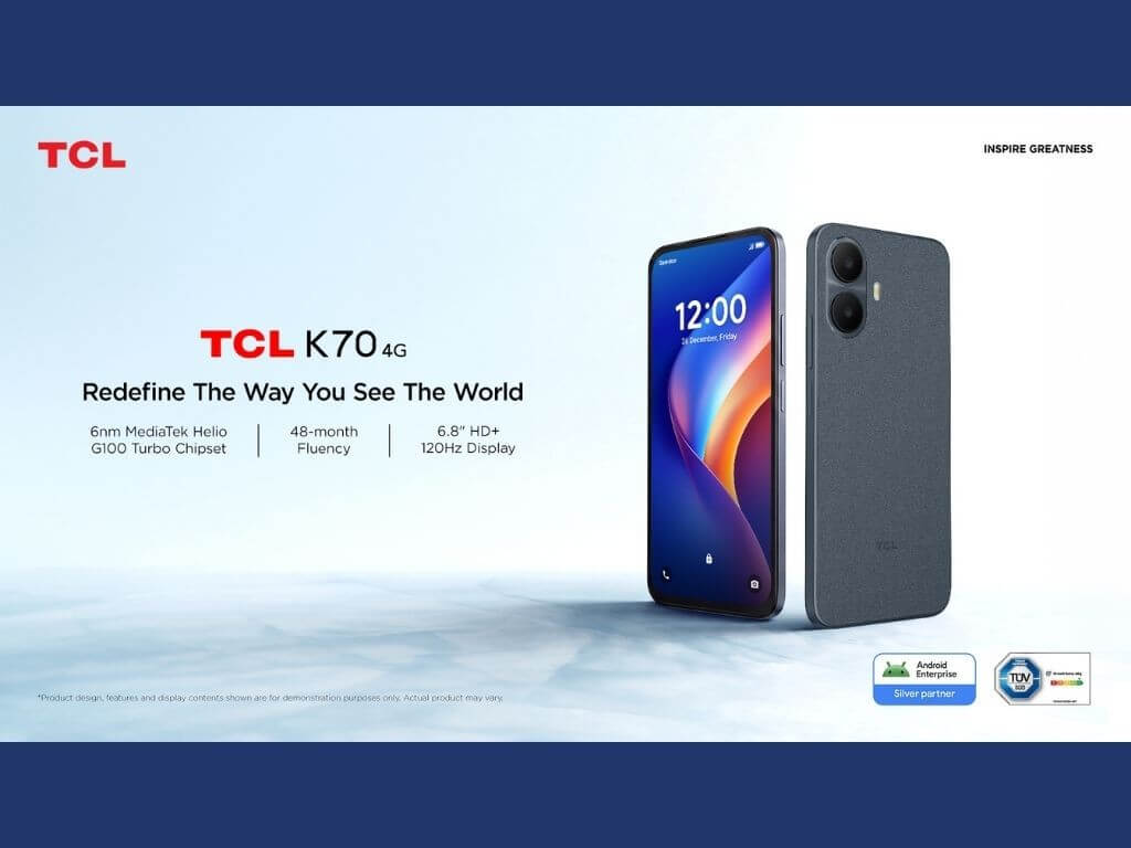 Built to keep up with busy days, the TCL K70 Power 4G offers up to three days of battery life on a single charge. Its 33W fast charging and T&Uuml;V-certified performance add reliability for users who need their smartphone ready for work, travel and everyday demands. | Contributed photo