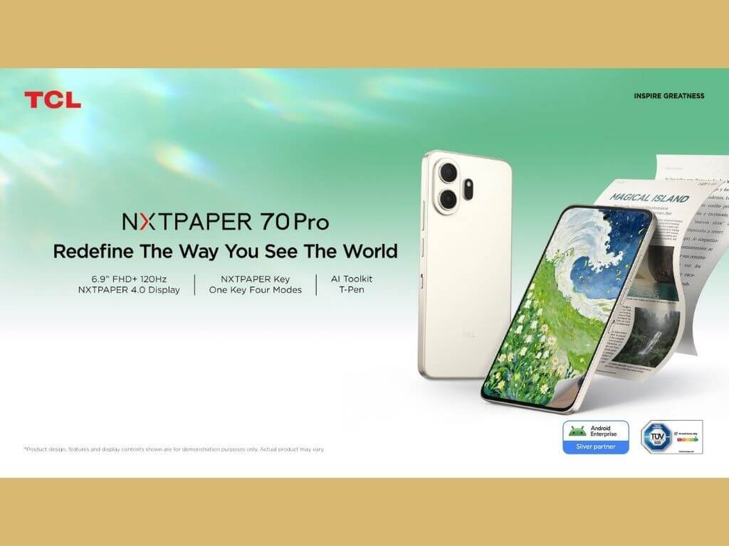 Designed to move between work and play, the TCL NXTPAPER 70 Pro combines eye-care display technology with AI-powered productivity tools, MuseFilm capabilities and a versatile camera system&mdash;giving users room to work, create and unwind without compromising viewing comfort. &nbsp;| Contributed photo