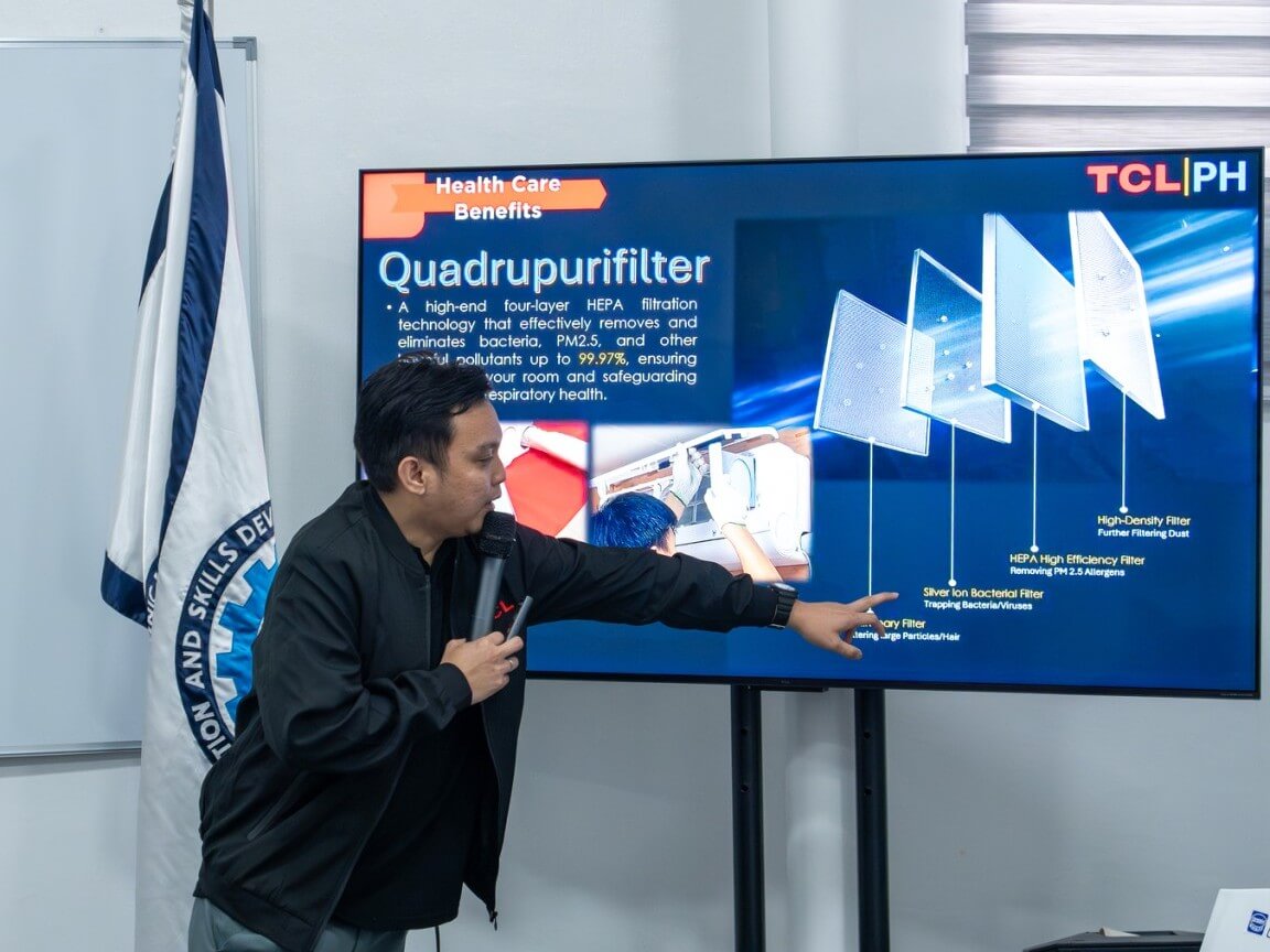 A trainer from TCL Philippines conducted in-depth sessions on TCL’s air conditioning innovations, emphasizing FreshIN and VoxIN technologies alongside practical training in installation, repair, and maintenance. | Contributed photo