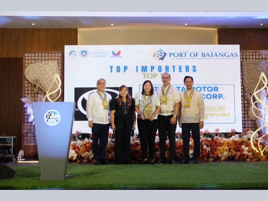 From left: Toyota Motor Philippines Corp. (TMP) executive vice president Jose Maria Atienza, Bureau of Customs (BOC) - Port of Batangas district collector Carmelita Talusan, TMP first vice president Josephine Villanueva, TMP senior vice president Dennis Ben-Hur Escuro, and BOC Assistant Secretary and chief of staff Atty. Carlos Bathan during the recognition ceremony for the BOC-POB Top 10 Importers. | Contributed photo&nbsp;