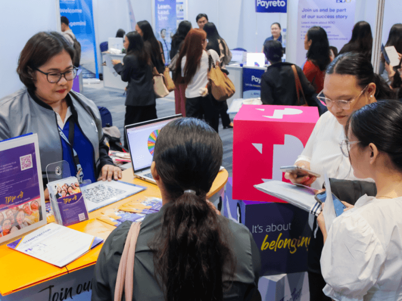 TP in the Philippines actively supports career fairs and job expos to provide career opportunities to jobseekers, ensuringpositions are filled by deserving qualified applicants. In photo: TP&rsquo;s talent acquisition representative Aura Manalo assistsinterested applicants during the NU Career fair held at the SMX Convention Center. | Contributed photo