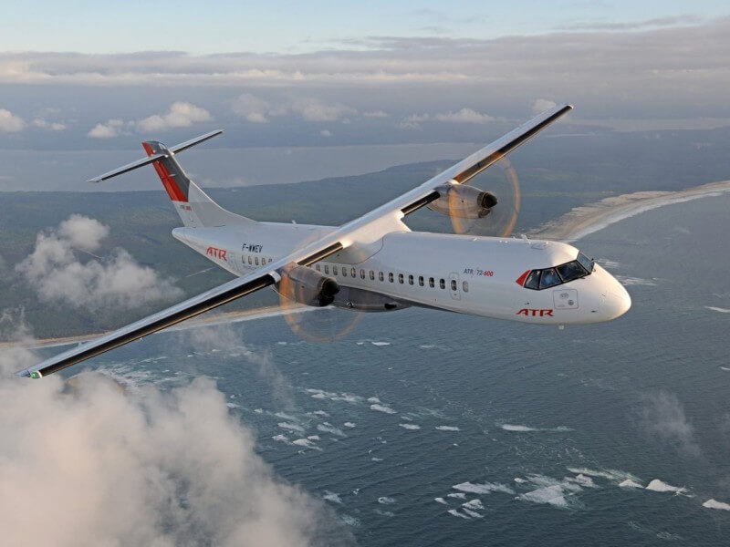 An ATR turboprop aircraft in flight, designed for short-haul regional routes, lower fuel use, and operations into smaller airports./Photo from ATR's corporate website&nbsp;