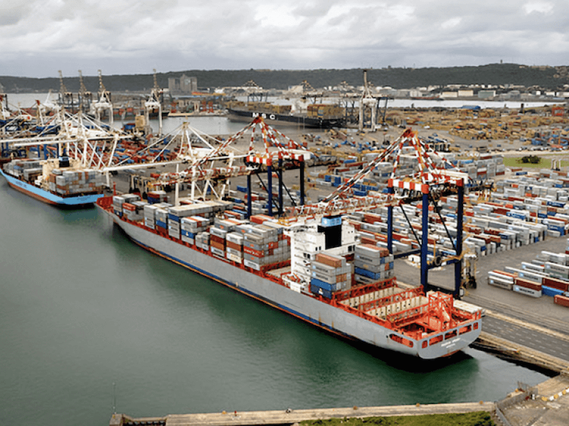 Durban Container Terminal Pier 2, the Port of Durban’s largest terminal, handles 72 percent of the facility's throughput and nearly half of South Africa’s total port traffic./Photo from ICTSI 