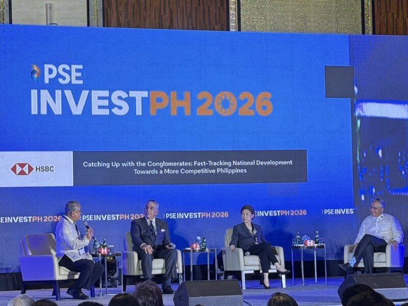 Panelists at the InvestPH Summit on March 17 (from left): Francisco Sebastian, chair of GT Capital; Jaime Augusto Zobel de Ayala, chair of Ayala Corp.; Teresita Sy-Coson, vice chair of SM Investments Corp.; and Sandeep Uppal, CEO of HSBC Philippines. The discussion, held during the Philippine Stock Exchange&rsquo;s flagship investment conference, focused on scaling up collaboration on major projects and addressing key economic challenges./Photo by Miguel R. Camus&nbsp;