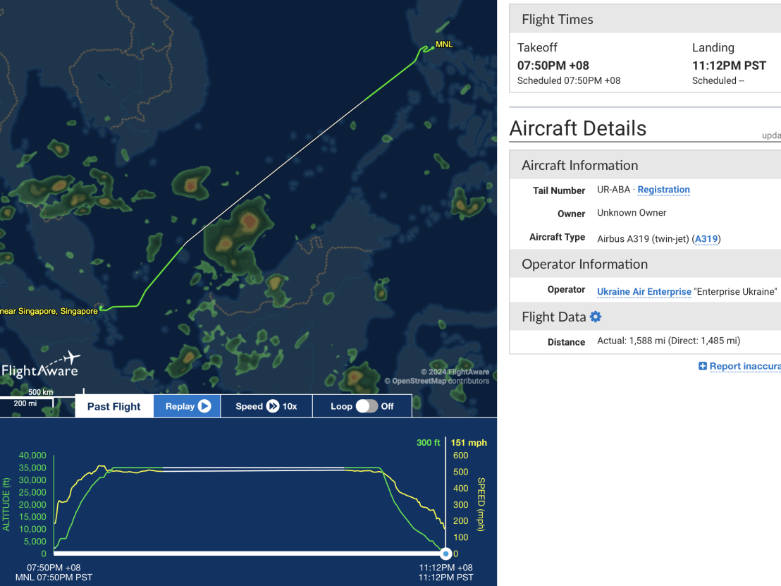 The Ukrainian Airbus VIP jet's flight path last night from Singapore to Manila, according to FlightAware.com. (Screenshot from Flightaware website)