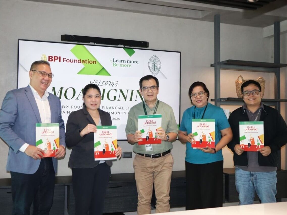 BPI Foundation’s Manolo Nava, senior program manager, and Carmina Marquez, executive director, with La Salle Greenhills’ Emmanuel Bautista, executive VP; Josefina Burgos, VP for Lasallian Formation; and Michael Gurung, Social Action coordinator. | Contributed photo