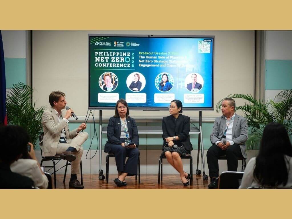 From left: Moderator Tom van der Meulen, managing director of Control Union Philippines; and panelists Clare Mari Torralba, executive director of Philippine Trade Training Center; Regina Unson-Silerio, sustainability manager of Unilever Philippines; and Vicente De Lima II, vice president - strategic business planning & corporate sustainability of First Balfour. | Contributed photo