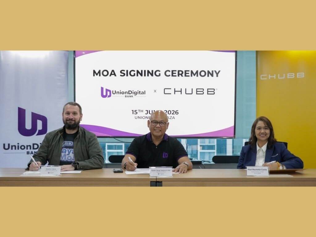 &nbsp;From left: Vladimir Micic, UD chief lending officer; Danilo Mojica II, PhD, UD president and CEO; Mari Rachelle Canta, Chubb country president | Contributed photo