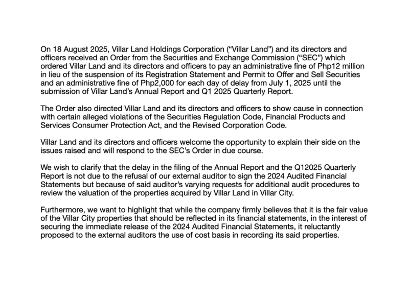 Villar Land's full statement on the SEC order. 