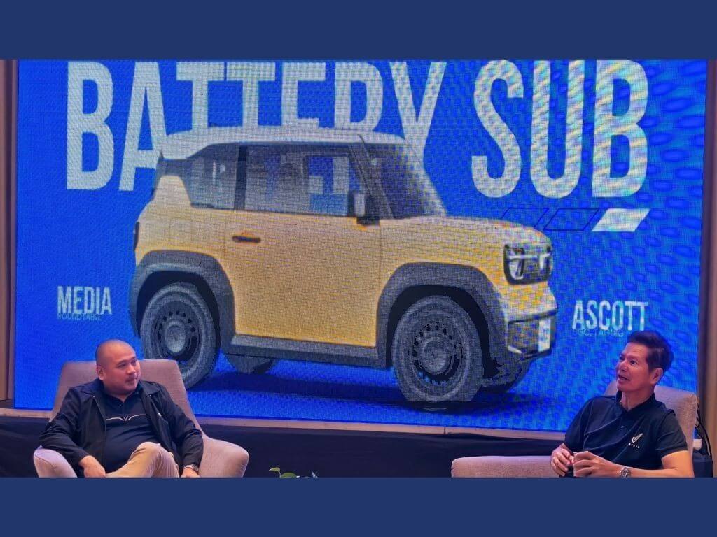 Rox Lacerna (right), deputy CEO of VinFast Philippines, and Toti Zara explain how a battery subscription program can make EV ownership more affordable for the Philippine market. | Photo by Vanessa Hidalgo