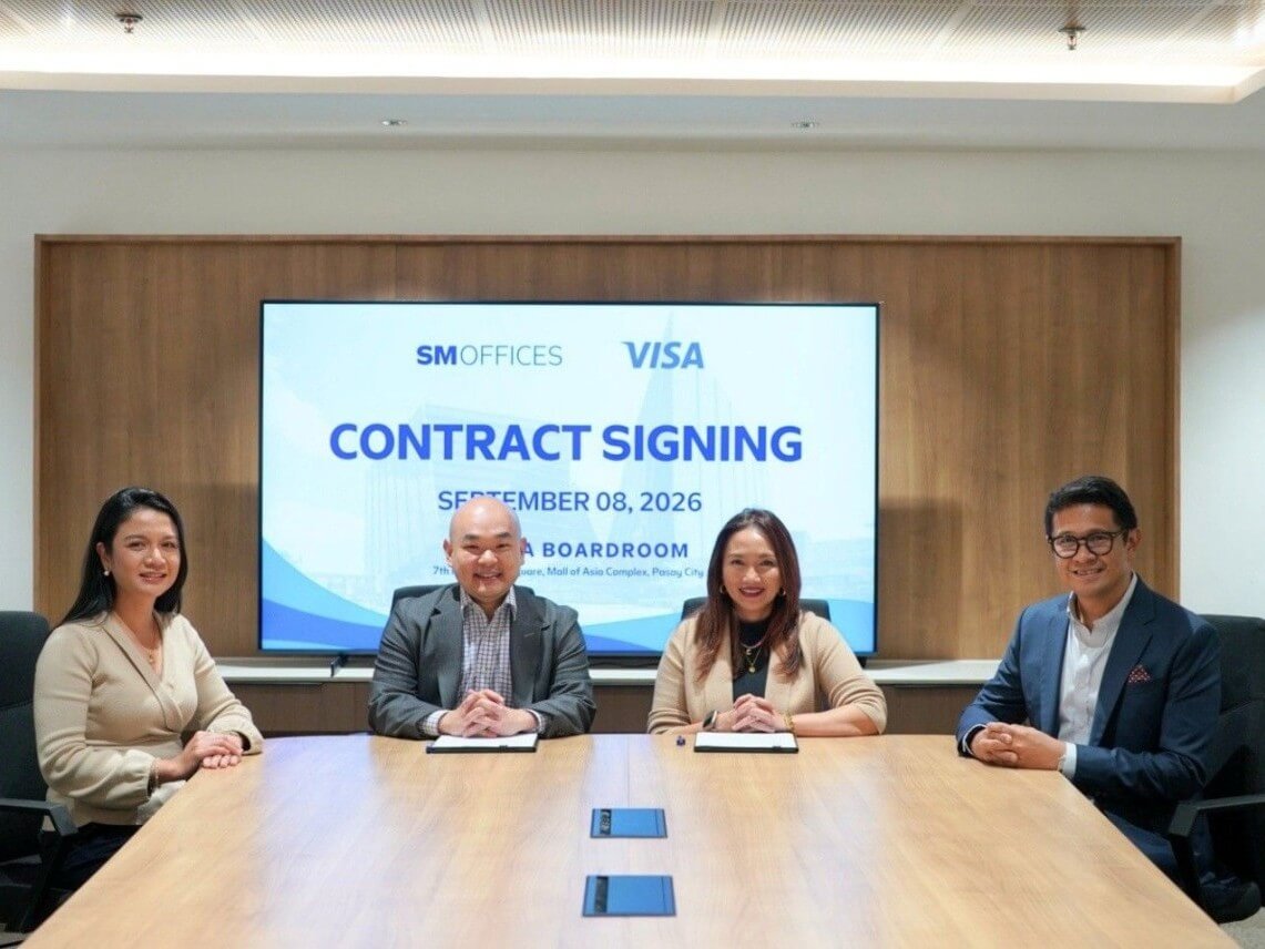 SM Offices and Visa seal an expansion lease for Visa&rsquo;s larger office at the SM Mall of Asia Complex. From left are SM Offices head of leasing Maricris Cruz, vice president and business unit head Alexis Ortiga, Visa Global Managed Services and Visa Philippines Solution Center site lead Chari Dela Cruz, and Visa Philippines country manager Jeffrey Navarro. | Contributed photo