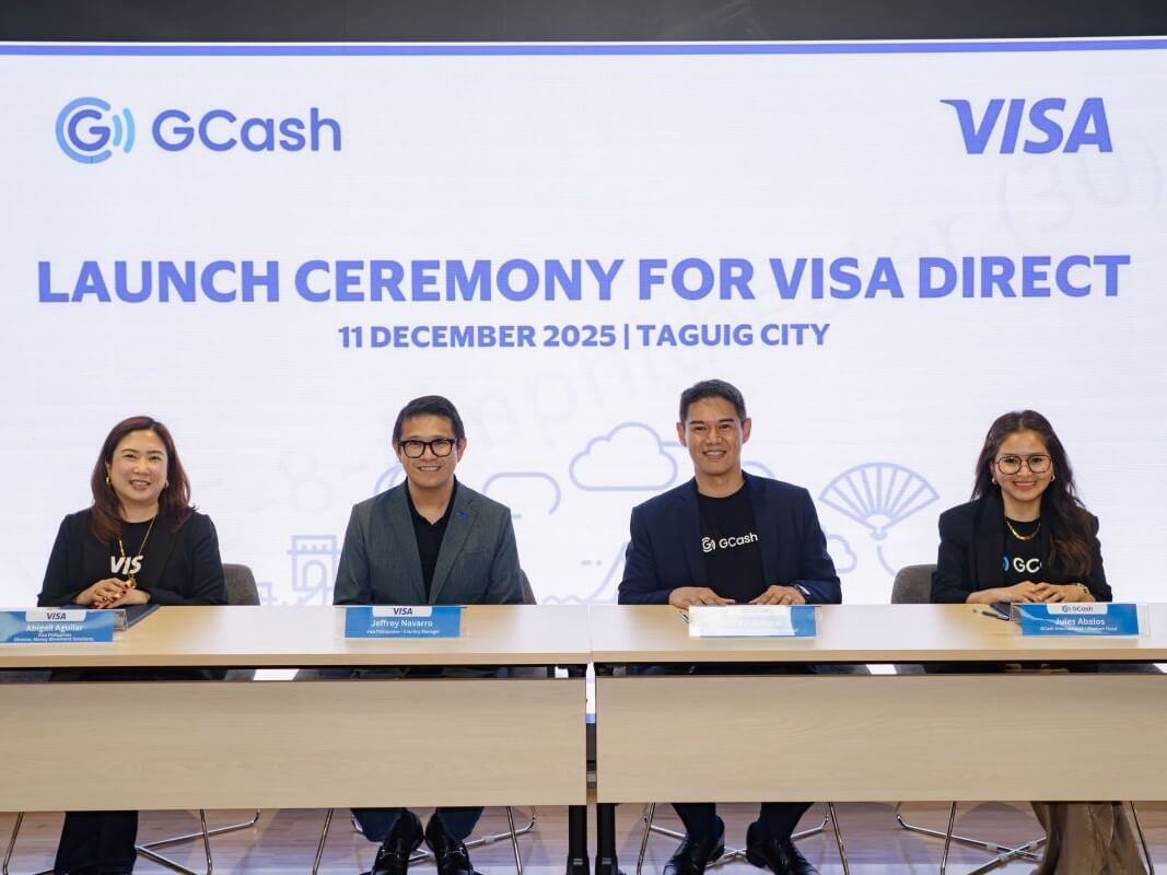 Visa Philippines director for commercial money movement solutions Direct Abigail Aguilar and country manager Jeffrey Navarro with GCash International general manager Paul Albano and product head Jules Abalos. | Contributed photo