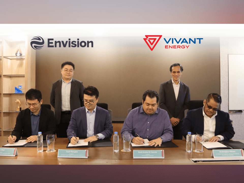 Envision Energy Philippines director Liu Wei, Envision Energy Philippines president Yuan Rongke, Vivant Energy president EmilAndrea Garcia, &nbsp;Vivant Energy SAVP for business development Al Douglas Villaos. (Standing) Envision Energy business development manager Duli Zhang and Vivant Energy senior vice president for business development Lawrence Nubla. | Contributed photo