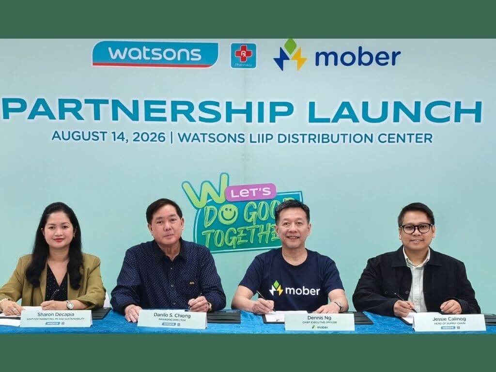Watsons Philippines is taking another step toward more sustainable operations through its partnership with Mober, the Philippines' pioneer in 100 percent electric logistics. From left: Sharon Decapia, Watsons Philippines senior assistant vice president for marketing, public relations and sustainability, &nbsp;Danilo S. Chiong, managing director of Watsons Philippines, Dennis Ng, Mober chief executive officer and Jessie Calinog, head of supply chain of Watsons Philippines &nbsp; | Photo by Vanessa Hidalgo