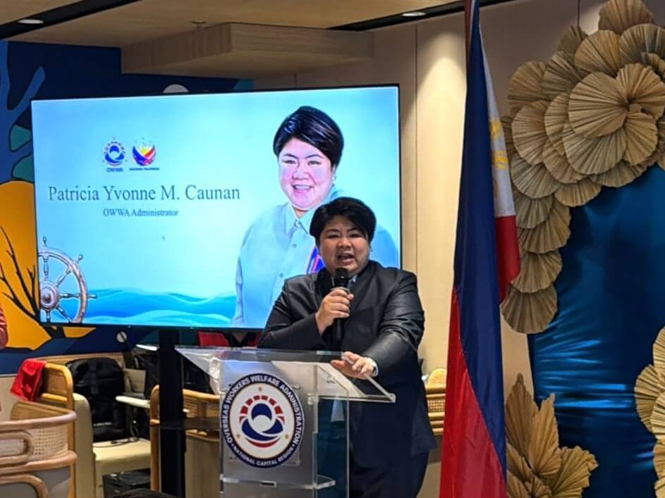 OWWA Administrator Patricia Yvonne &ldquo;PY&rdquo; Caunan welcomes seafarers and their families during the grand launch of Seafarers&rsquo; Welfare Center. | Contributed photo