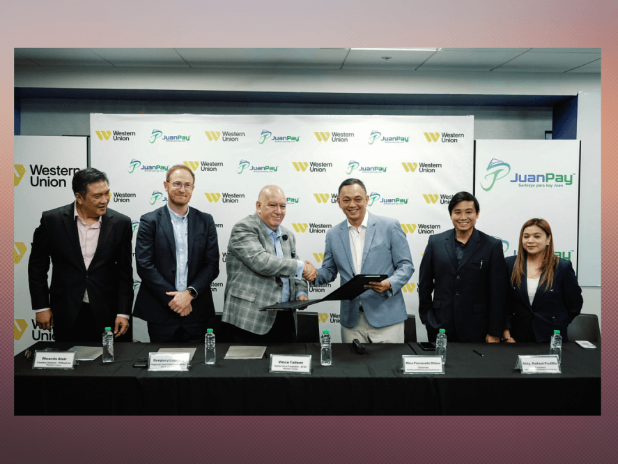 Western Union and JuanPay executives mark their partnership to expand access to international money transfer services in the Philippines. From left: Western Union Philippines country director Don Alair; Western Union regional vice president for Japan, the Philippines, Australia, New Zealand and the Pacific Islands Gregory Laurent; Western Union senior vice president for Asia-Pacific Vince Tallent; JuanPay chair Rico Fernando Chico; JuanPay president Atty. Rafael Padilla; and JuanPay director Arlene Chico. | Contributed photo