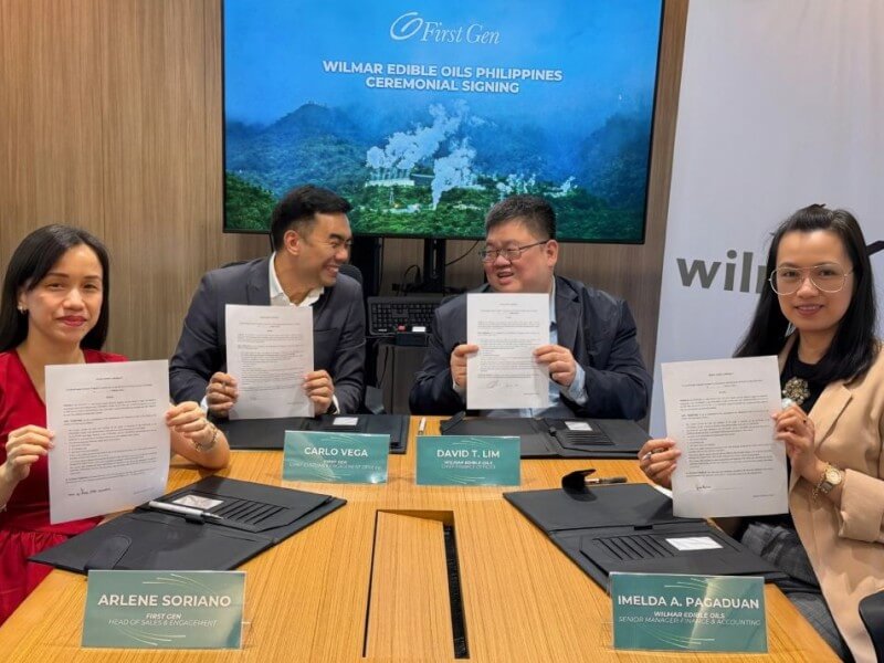 Wilmar and First Gen officials pose for a group photo after signing an agreement, calling for First Gen to supply Wilmar&rsquo;s processing facility in Gingoog, Misamis Oriental, with geothermal energy. They are (from left) Arlene Soriano, First Gen head of sales and engagement; Carlo Vega, First Gen chief customer engagement officer; David Lim, Wilmar chief financial officer; and Imelda Pagaduan, Wilmar senior manager for finance and accounting. | Contributed photo &nbsp;