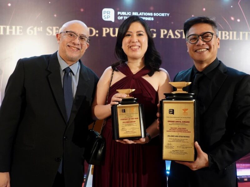 Jollibee and Stratworks secured a major victory at the 61st Anvil Awards, with their collaboration leading to Jollibee winning the prestigious Grand Anvil and the coveted Company of the Year award. Receiving the award are Stratworks' VP for client services Robbie David (left), managing director Mark Christian Parlade (right), and Jollibee VP for marketing Dorothy Dee Ching (center). | Contributed photo