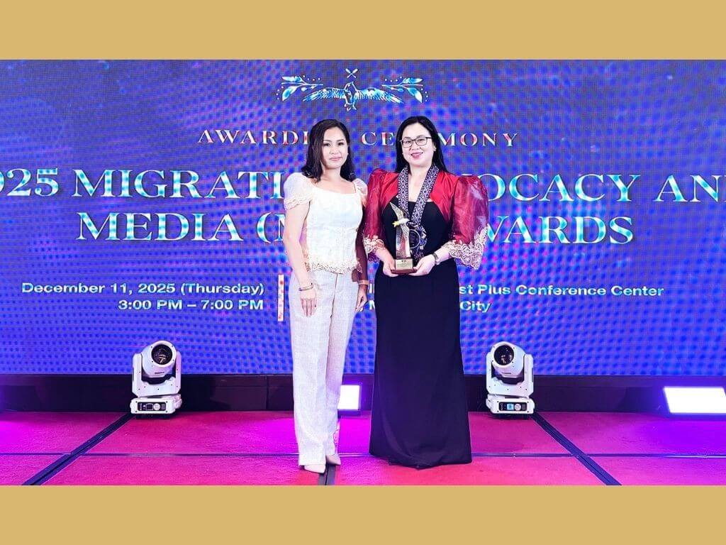 BPI&rsquo;s Angeline Pasco, brand and customer experience head- OF segment, and Janice Ty, OF segment head, accept the award for the bank at the recent 2025 Migration Advocacy and Media Awards. | Contributed photo