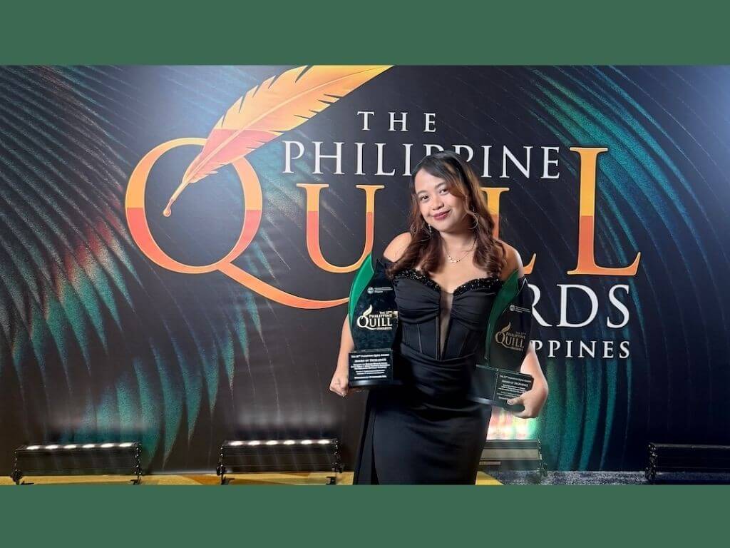 Irene Manansala, managing director of Uniquecorn Strategies, with the agency&rsquo;s two trophies from the 22nd Philippine Quill Awards. | Contributed photo