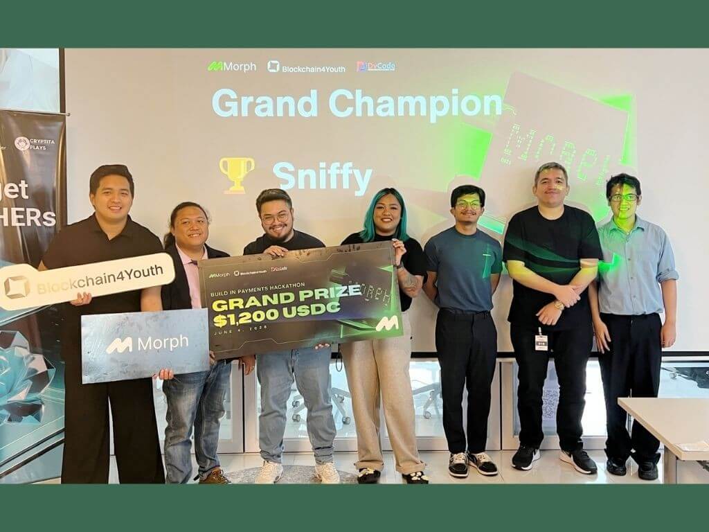 From left: Simon Malang, community manager at Bitget; Eliezer Rabadon, CEO of DvCode Technologies Inc.; Theo Roque of Team Sniffy; Arshelene Lingao, founder of Cryptita Plays; and judges John Santos of Stocksify, Stephen Guasch of Web3 Bulacan, and Michael Domagas of Phil-IT Org. | Contributed photo