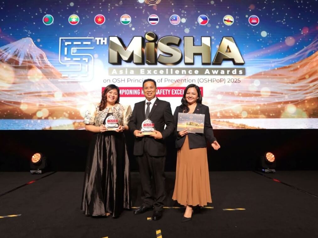 First Balfour officials hold plaques for the awards the company received during the MiSHA Asia Excellence Awards 2025 held recently at Putrajaya, Malaysia. They are (from left) Jasmin Jill Dumasig, environmental coordinator; Emil Estrabo, corporate OSH head; and Seannekate Amilbahar, OSH audit and assurance supervisor. | ​Contributed photo