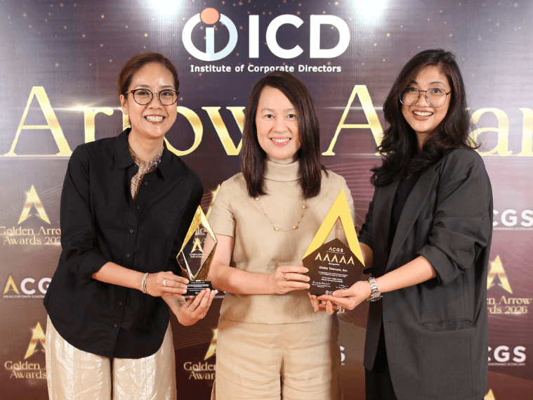 Representing Globe at the Golden Arrow Awards 2026 are (from left) Atty. Nina Mikaela S. Tacandong, Legal Counsel, Corporate Governance Services; Atty. Marisalve Ciocson-Co, Chief Compliance Officer and Senior Vice President for Legal and Compliance; and Atty. Patricia O. Hernandez, Legal Counsel, Compliance and Governance. | Contributed photo