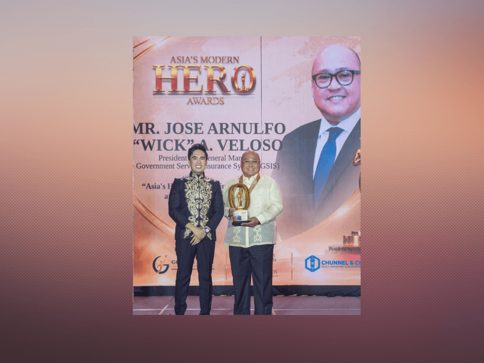 GSIS President and General Manager Wick Veloso was recognized as an Asia&rsquo;s Modern Hero for Public Service and Financial Leadership during the awards ceremony held at Okada Manila on Sept. 25, 2026. Under his leadership, GSIS introduced and expanded member-focused programs such as Balik Ginhawa, Ginhawa Solar Energy Loan (GSEL), and Ginhawa Bike and E-Mobility Loan (GBEL), providing government workers and pensioners with more accessible financial support. | Contributed photo