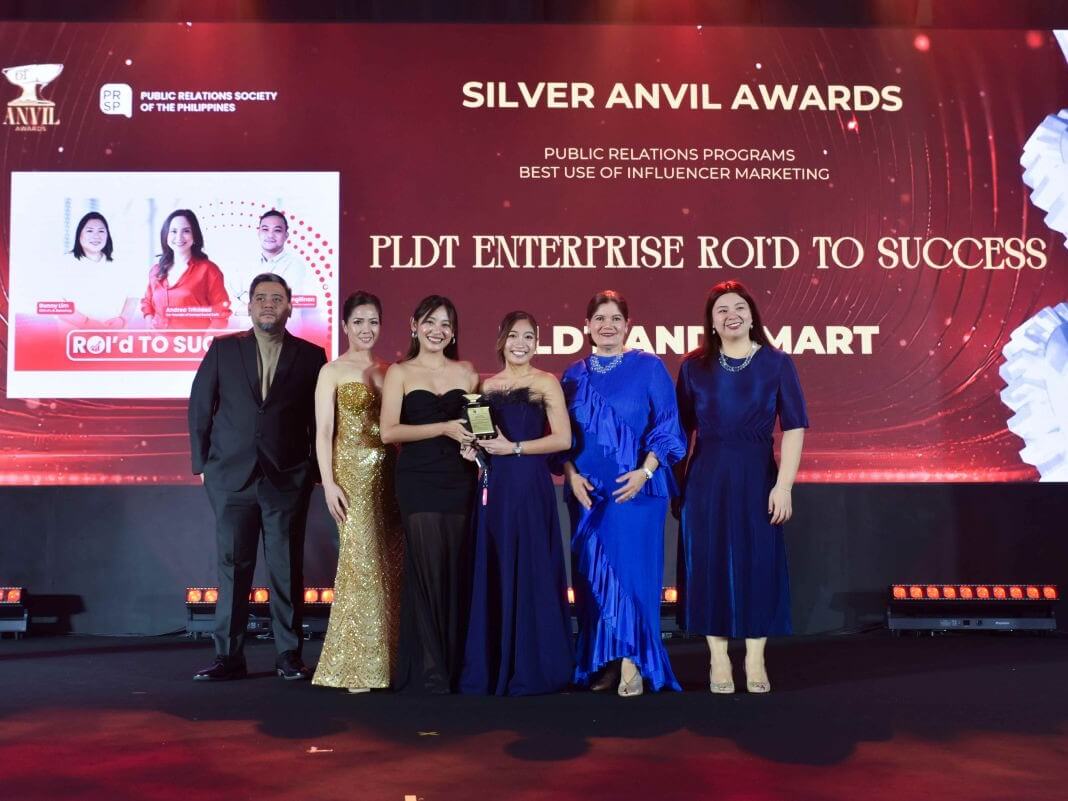 PLDT Enterprise representatives accept the Silver Anvil at the 61st Anvil Awards, recognizing the influencer-led ROI&rsquo;d to Success campaign for championing authentic business stories that drive measurable digital transformation across Philippine enterprises. | Contributed photo