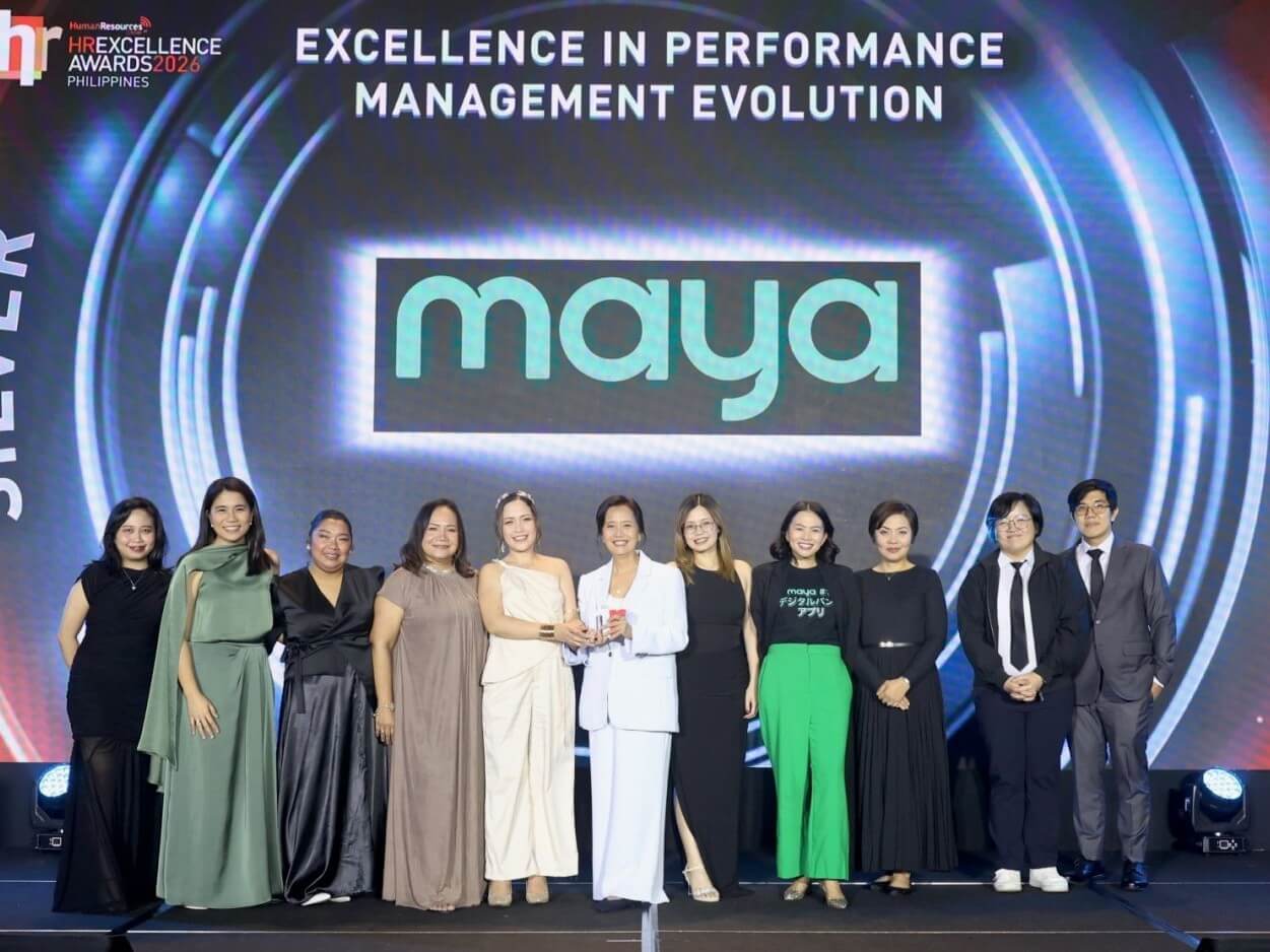 Representatives from Maya People Group receive the company&rsquo;s recognition at the 2026 HR Excellence Awards Philippines at Grand Hyatt Manila. Maya won Silver for Excellence in Performance Management Evolution and Bronze for Excellence in the Use of HR Tech, marking its third consecutive year of recognition at the awards. | Contributed photo