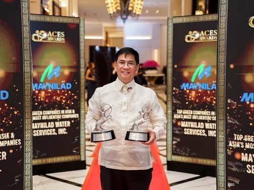 Maynilad chief sustainability officer Atty. Roel S. Espiritu receives the company&rsquo;s awards for Asia&rsquo;s Most Influential Companies and Top Green Companies in Asia at the 2025 ACES Awards held in Jimbaran, Bali, Indonesia. | Contributed photo
