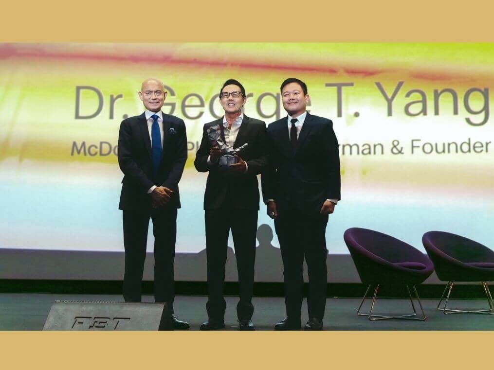 McDonald&rsquo;s Philippines president and CEO Kenneth S. Yang (center) with the APAC Tambuli Lifetime Achievement Trophy for his father, McDonald&rsquo;s Philippines founder and chair Dr. George T. Yang. | Contributed photo