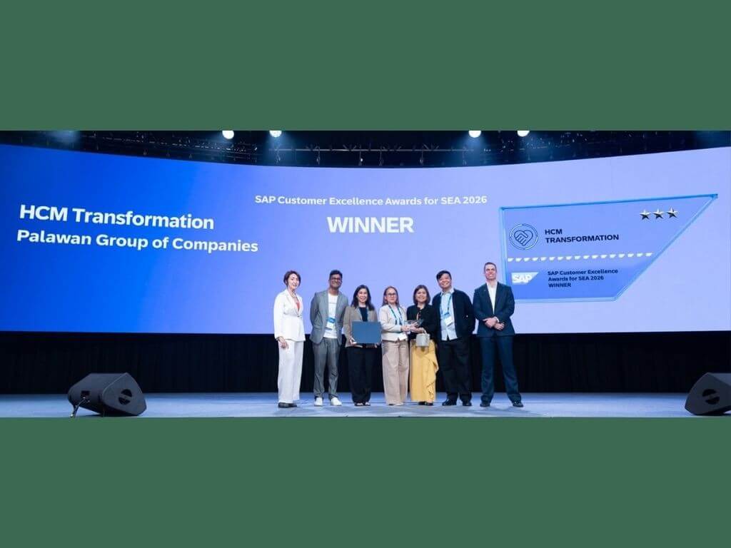 The Palawan Group accepts the Human Capital Management (HCM) Transformation Award, highlighting its commitment to building a more empowered and future-ready workforce. Third from left are Valerie Santos, group human resources head; Richelle Valdestamon, HR employee services manager; Korina Castro-Fernando, chief human resources Officer; and Tony Wenceslao, HR business partner head. | Contributed photo