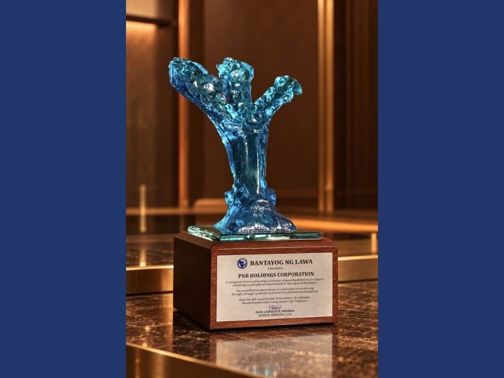 The Bantayog para sa Kalikasan Award, one of three distinctions conferred under the Bantayog ng Lawa Awards 2026, was presented to PNB Holdings in recognition of its sustainable water management initiatives at the PNB Financial Center. | Contributed photo