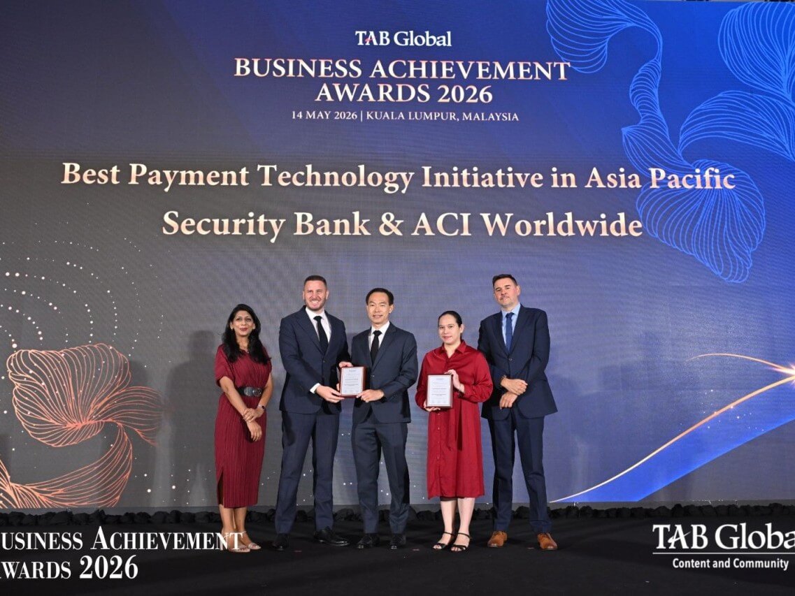 Security Bank received the Best Payment Technology Initiative in Asia Pacific and Best Mobile Banking Technology Initiative in Asia Pacific. Present to receive the awards on behalf of the bank was bank FVP & deposits product management and payments channel head Ranna Feliciano, (fourth from left). Also in the photo (from left) are Neeti Aggarwal, senior research & consulting manager, TAB Global; Matthew Grech, VP and head of services- Asia Pacific, ACI Worldwide; Ong Chee Cheng, VP & head of ASEAN, ACI Worldwide; and Mark Walker, international resource director, TAB Global.| Contributed photo