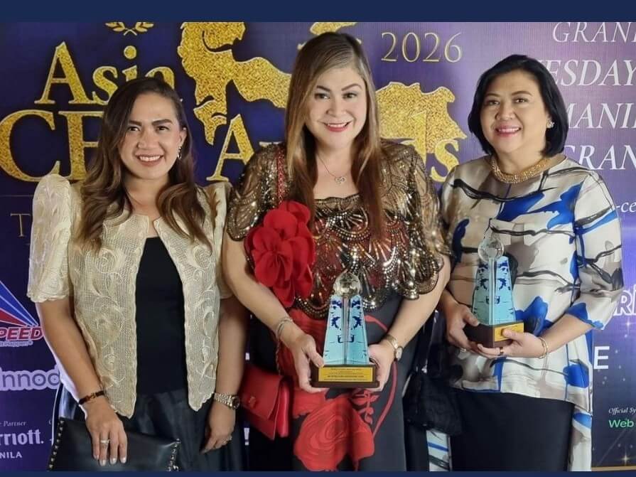 From left: SMHCC assistant vice president for public relations Nian Rigor; SMHCC vice president for human resources and organizational development Charmagne Adonis; and SMHCC vice president for food and beverage, quality, and sustainability Leah Magallanes, at the Asia CEO Awards 2026. | Contributed photo