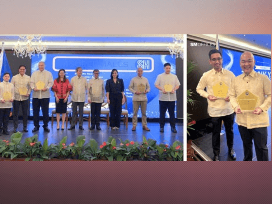 Left photo: Joaquin L. San Agustin, executive vice president for marketing of SM Supermalls (third from left), Junias Eusebio, VP for mall operations of SM Supermalls (second from left) and other representatives present at the Mabini Awards. Right photo: Joseph Luke Varona, SM Offices technical services head, and Alexis Ortiga, VP and SM Offices business unit head, accept the Bronze Awards for ThreeE-com and FiveE-com at the Apolinario Mabini Awards. | Contributed photos