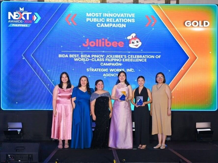 Stratworks and Jollibee received four trophies at the 2026 Marketech APAC NEXT Awards Philippines for their work in public relations, event marketing and video marketing. From left are Jollibee Philippines assistant brand manager for digital commerce and loyalty Jannelle Sorilla; director for digital commerce and loyalty Charisse Sumulong; director for digital communications and public relations RJ Rodillo; marketing head Dorothy Dee-Ching; brand manager for noodles and kids Abby Joaquin; and Stratworks accounts director Kay Segismundo. | Contributed photo