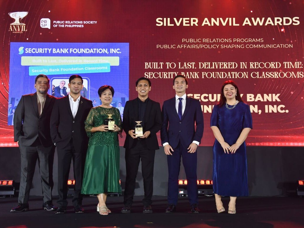 Security Bank Foundation Inc. (SBFI) won two Silver Anvil Awards under the Public Relations PR Programs category, honoring initiatives that go beyond structures and statistics to make a real difference in children&rsquo;s lives. From left, Mikey de Quiros, APR GMM and Membership Cahir and PRSP Internal Auditor; Ric Llego, Communications and Resource Mobilization officer, SBFI; Melissa Aquino, Trustee, SBFI; Louie De Real, executive director, SBFI; Jam Galimba, Infrastructure Program officer, SBFI; and Karla de Quiros, corporate secretary, GMM and Membership Chair, PRSP. | Contributed photo