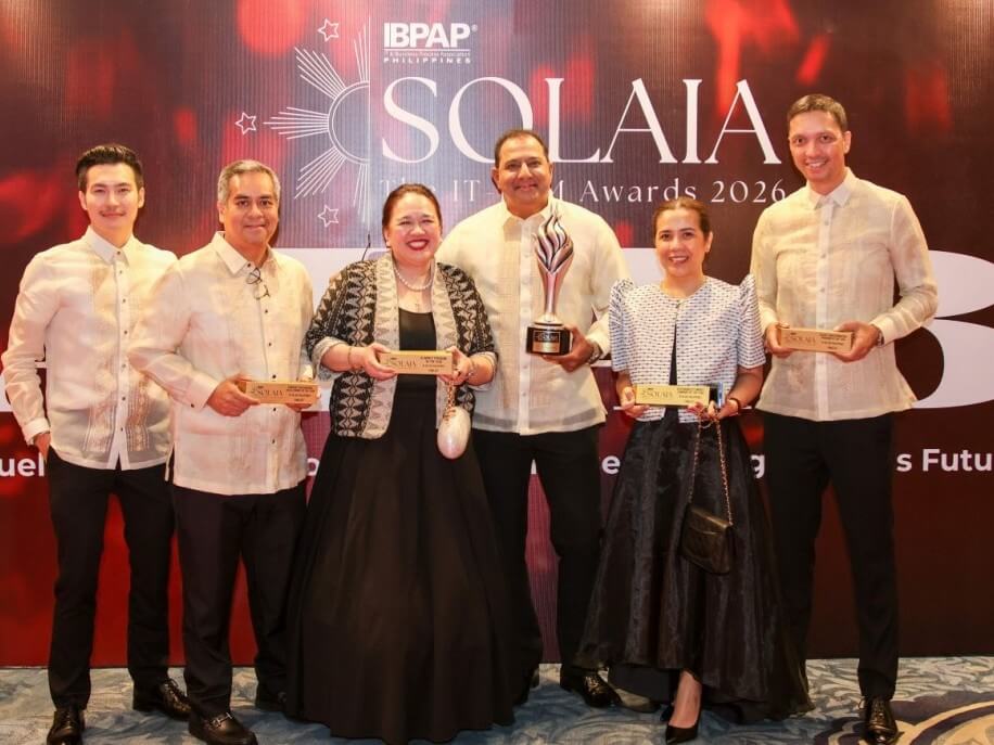 Receiving the trophies during the awards ceremony were (from left) TP in the Philippines marketing director Nash Frias, senior vice president for operations Patrick Lopez, vice president for human resources Rachel Cacabelos, CEO Rahul Jolly, senior vice president for operations Joy Raymundo, and vice president for learning and development Inkee Hidalgo. | Contributed photo