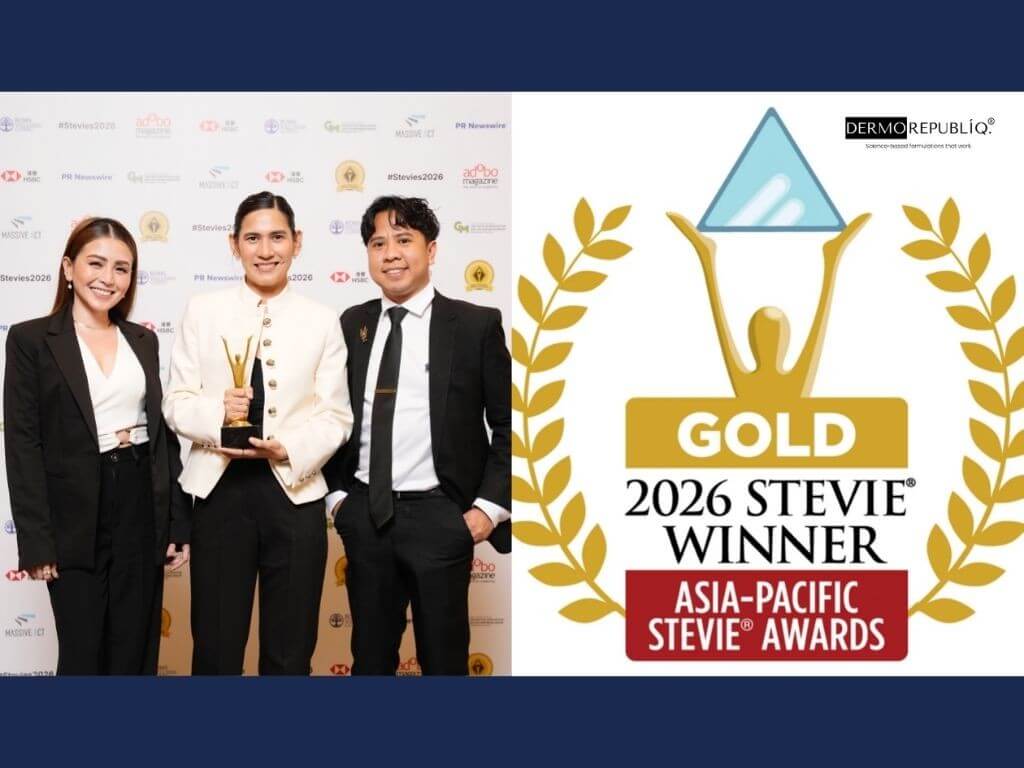 From left: Olive Rivera, Flagship Channel Lead, Dermorepubliq Corp., Donna May Sta. Barbara, facilities and administration manager, Dermorepubliq Corp. and Dean Bernales, CEO and founder of Uniquecorn Strategies pose for a photo with Dermorepubliq&rsquo;s Gold Stevie Award at the 2026 Asia-Pacific Stevie Awards at The Venetian Macao, China. &nbsp;| Contributed photo