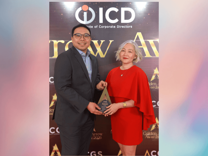THREE GOLDEN ARROWS. Vivant Corp. assistant vice president for investor relations Randwil Dinbo Macaranas (left) and corporate secretary Atty. Maila G. de Castro display the company's Three-Golden Arrow recognition from the Institute of Corporate Directors (ICD) during the ASEAN Corporate Governance Scorecard (ACGS) Golden Arrow Awards 2026 held on Oct. 23 at Makati Shangri-La, Manila. | Contributed photo