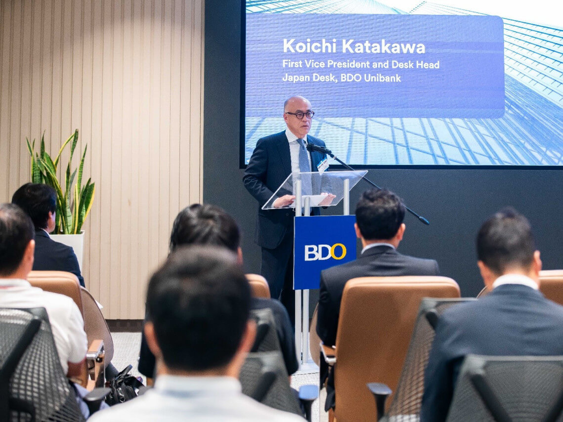Koichi Katakawa, first vice president and head of BDO Unibank’s Japan desk, welcomes participants at the 2025 Perspectives: Economy and New Approaches in Business Forum./Photo from BDO